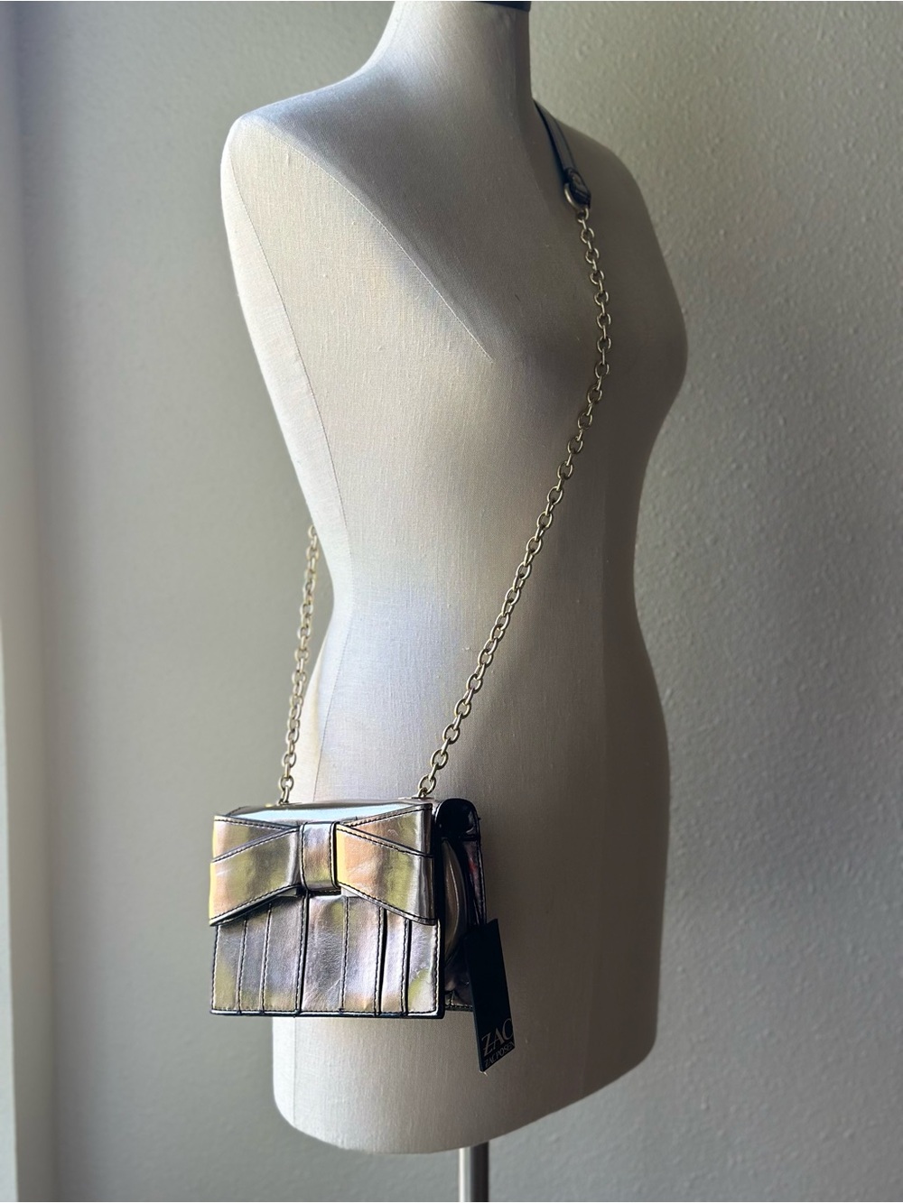 Zac Posen Metallic Bow Chain Shoulder Crossbody Bag Charcoal Patent Leather NWT